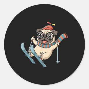 Ski Dog Winter Pug On Slopes Funny Snow Adventure Classic Round Sticker