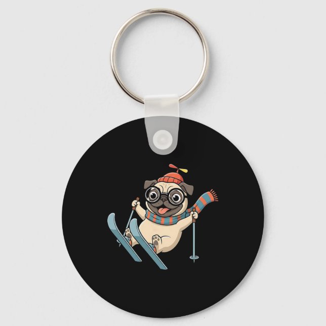 Ski Dog Winter Pug On Slopes Funny Snow Adventure  Key Ring (Front)