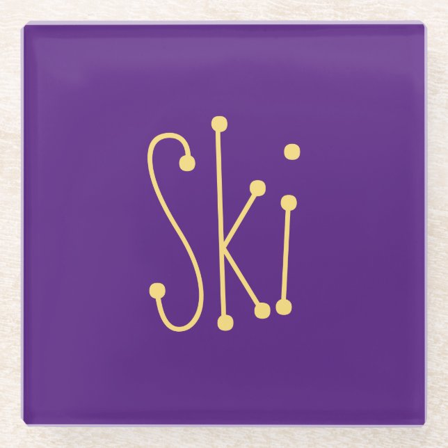 SKI Festive Whimsical Text Royal Purple Background Glass Coaster (Front)