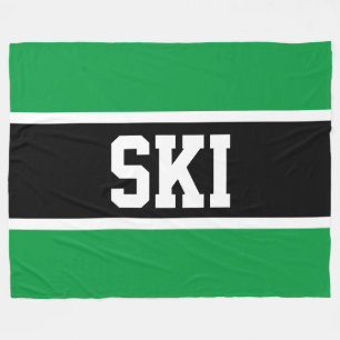 SKI Fun Athletic Black White Bright Green Stripes Fleece Blanket