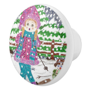 Ski girl kids room ceramic knob