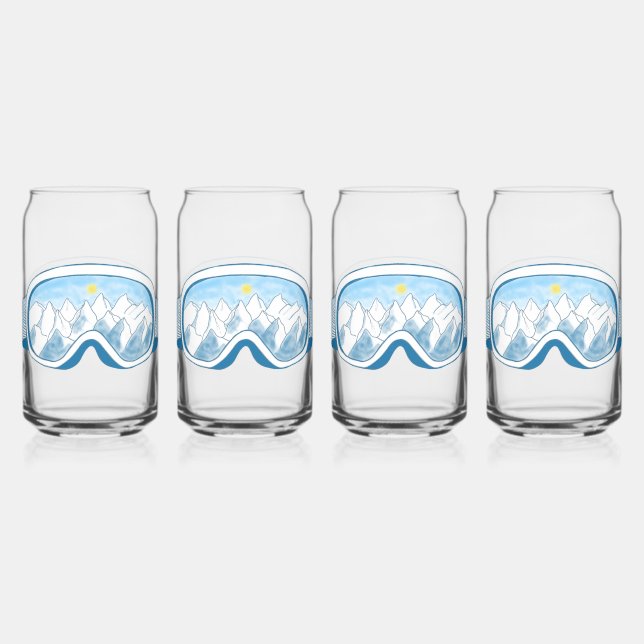 Ski Goggles Mountain Reflection Sky Blue Set 4 Can Glass (Front)