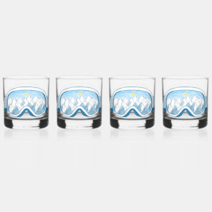 Ski Goggles Mountain Reflection Sky Blue Set 4 Whiskey Glass