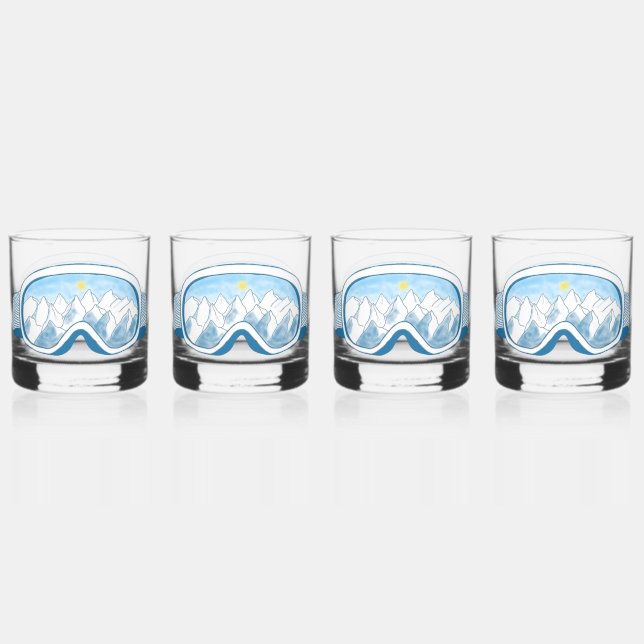 Ski Goggles Mountain Reflection Sky Blue Set 4 Whiskey Glass (Front)