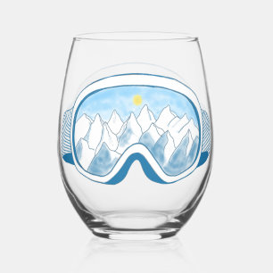 Ski Goggles Mountain Reflection Sky Pale Blue Stemless Wine Glass