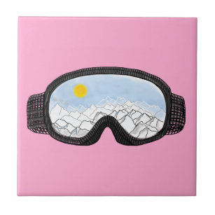 Ski Goggles Mountain View Illustration Pink  Ceramic Tile