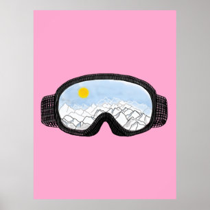 Ski Goggles Mountain View Illustration Pink  Poster