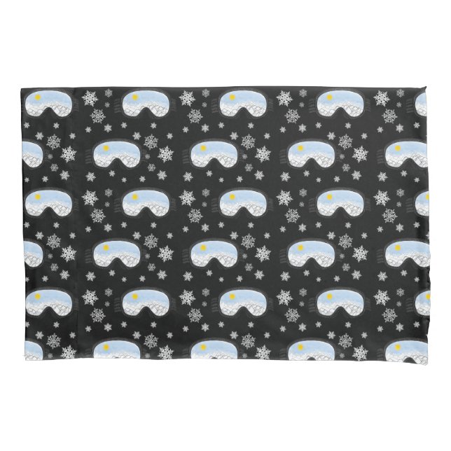 Ski Goggles Mountain View Snowflakes Black Pillowcase (Front-Left)