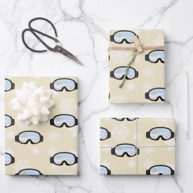 Ski Goggles Mountain View Snowflakes Off White  Wrapping Paper Sheet (Front)