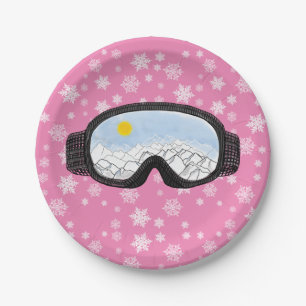 Ski Goggles Mountain View Snowflakes Pink Paper Plate