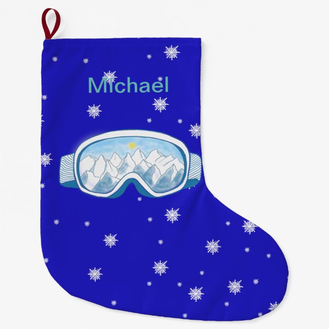 Ski Goggles with mountain reflection personalised Large Christmas Stocking (Front)