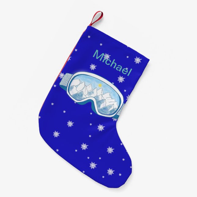 Ski Goggles with mountain reflection personalised Small Christmas Stocking (Front (Hanging))