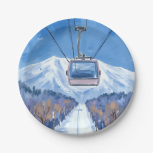 Ski Gondola Snow Mountain Watercolor Paper Plate