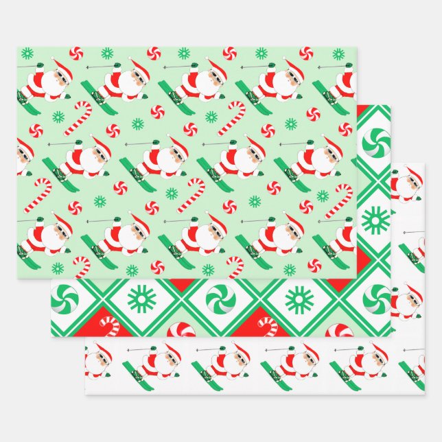 Ski Holiday Santa Skiing Gift Wrapping Paper Sheet (Set)