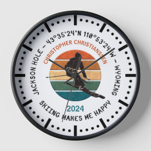 Ski Jackson Hole, Wyoming - Man Skier, Black Text Clock