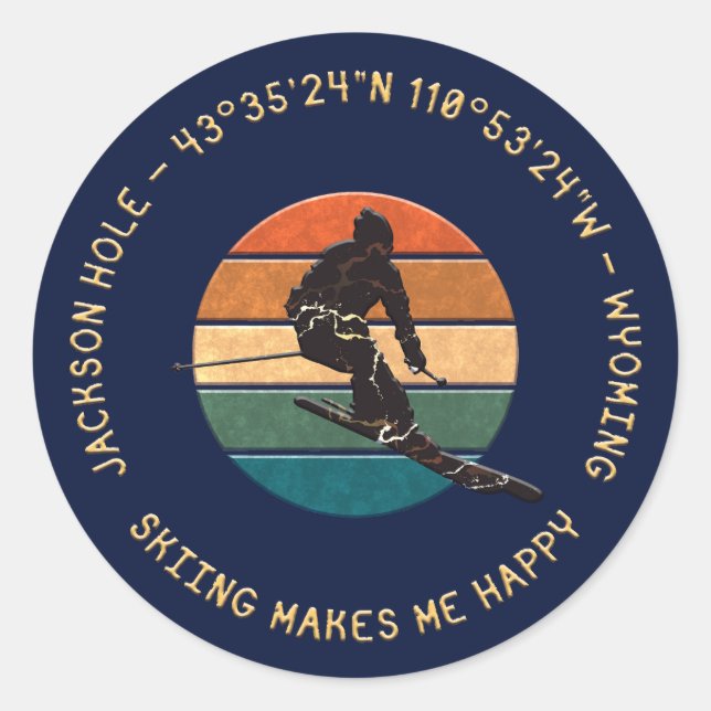 Ski Jackson Hole, Wyoming - Man Skier, Golden Text Classic Round Sticker (Front)