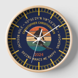 Ski Jackson Hole, Wyoming - Man Skier, Golden Text Clock