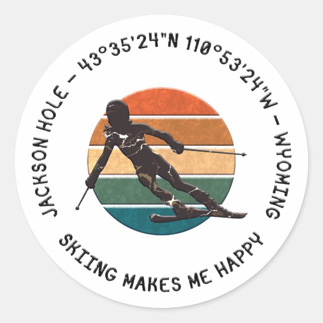 Ski Jackson Hole, Wyoming - Woman Skier Black Text Classic Round Sticker (Front)