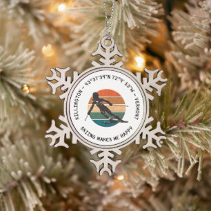 Ski Killington, Vermont - Woman Skier, Black Text Snowflake Pewter Christmas Ornament
