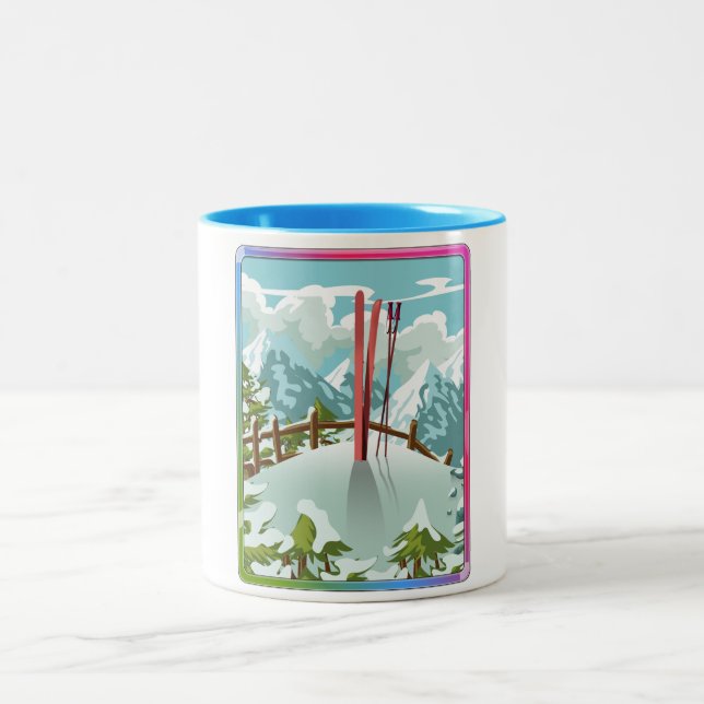 Ski landscape cartoon Two-Tone coffee mug (Center)