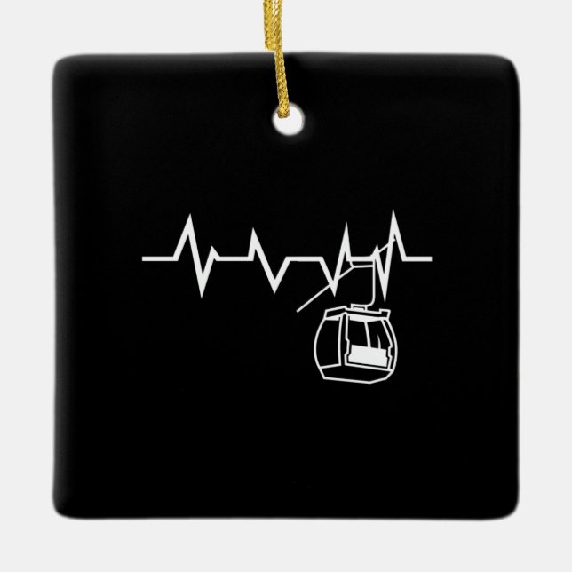Ski Lift Heartbeat Skier Ceramic Ornament (Front)