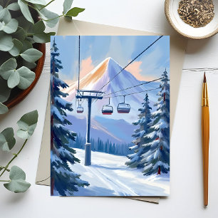 Ski Lift Mountain Winter Watercolor Skiing Postcard