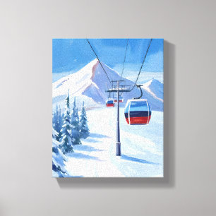 Ski Lift Snow Mountain Gondola Watercolor Canvas Print