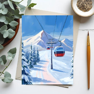 Ski Lift   Snow Mountain Gondola Watercolor Postcard