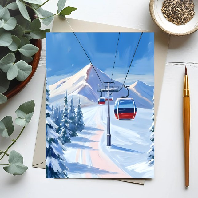 Ski Lift | Snow Mountain Gondola Watercolor Postcard (Creator Uploaded)