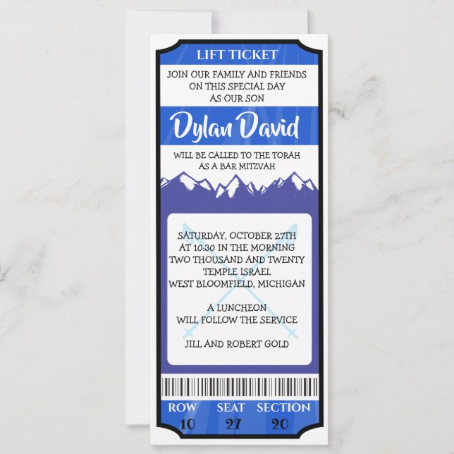 SKI LIFT TICKET Bar Bat Mitzvah Invitation (Front)