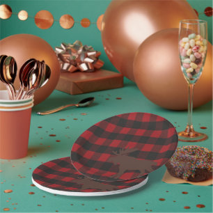 Ski Lodge Moose Plaid Holiday Hostess Party Paper Plate