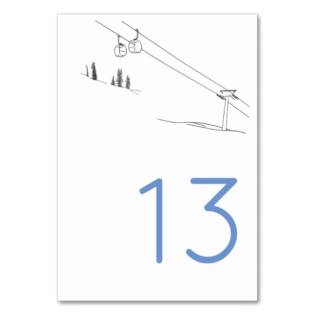 Ski Loving Cable Cars Winter Mountaintops Table Number (Front)