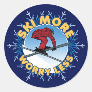 Ski More Worry Less Skiing Quote Classic Round Sticker