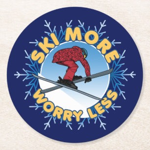 Ski More Worry Less Skiing Quote Round Paper Coaster