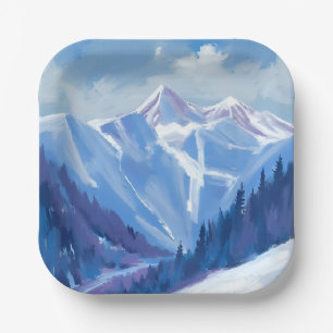 Ski Mountain   Blue Watercolor Mountain Range Paper Plate