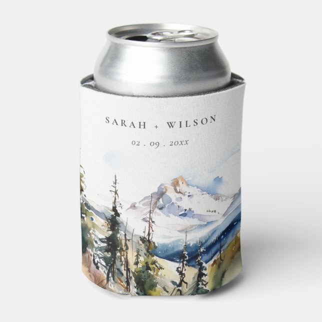 Ski Mountain Telluride Colorado Watercolor Wedding Can Cooler (Can Front)