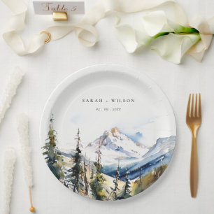 Ski Mountain Telluride Colorado Watercolor Wedding Paper Plate
