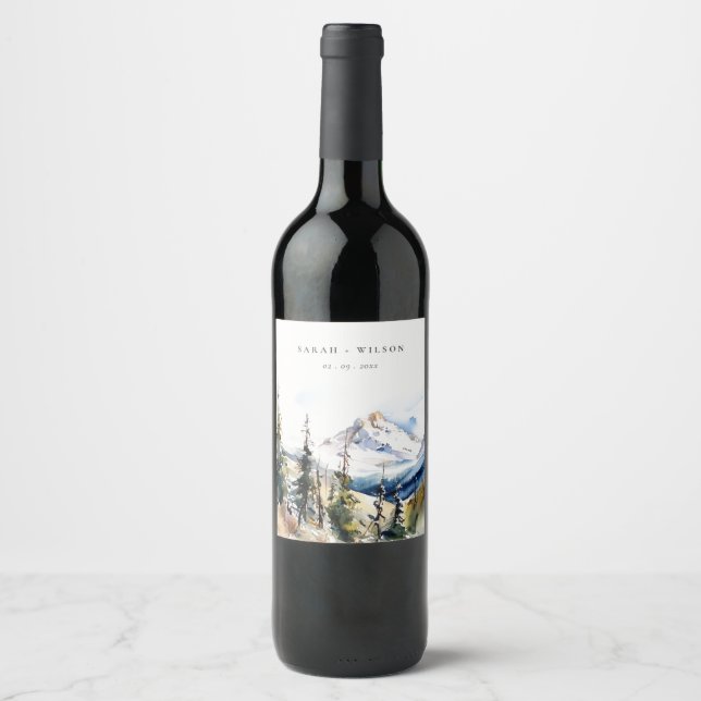 Ski Mountain Telluride Colorado Watercolor Wedding Wine Label (Front)