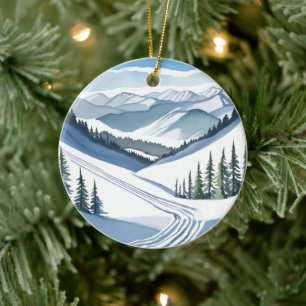Ski Mountain Watercolor Ceramic Ornament