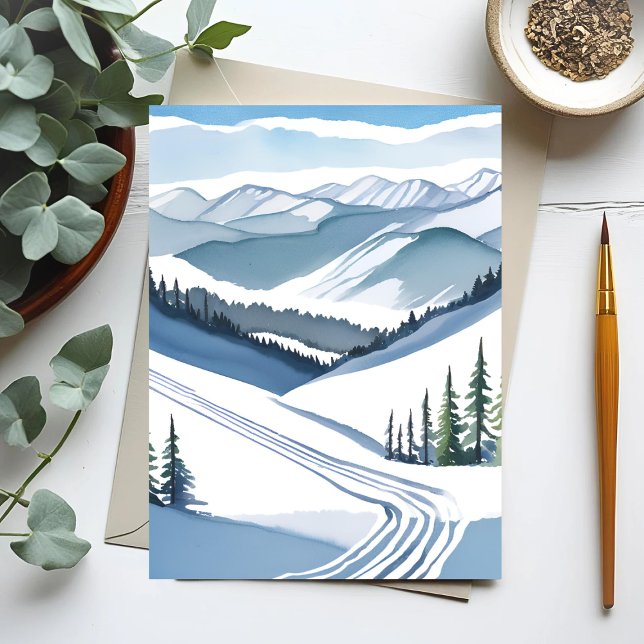 Ski Mountain Watercolor Holiday Card (Creator Uploaded)