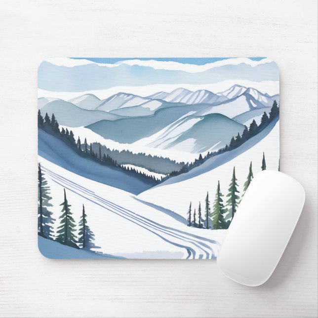 Ski Mountain Watercolor Mouse Pad (With Mouse)