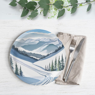 Ski Mountain Watercolor Paper Plate