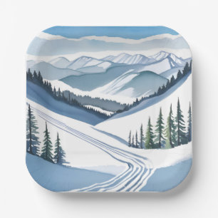 Ski Mountain Watercolor Paper Plate