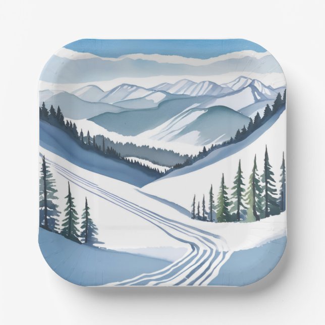 Ski Mountain Watercolor Paper Plate (Front)