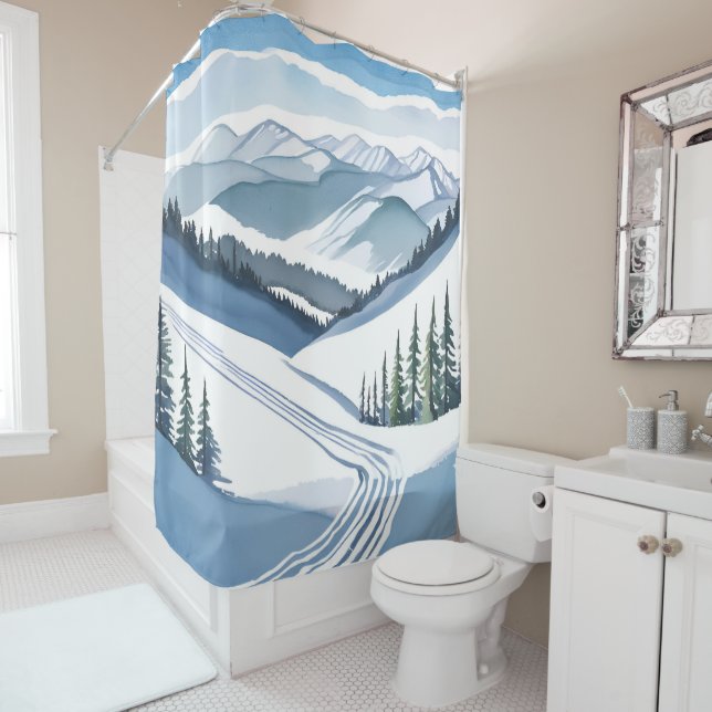 Ski Mountain Watercolor Shower Curtain (In Situ)