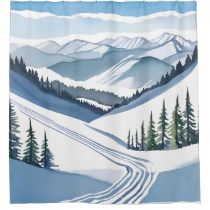 Ski Mountain Watercolor Shower Curtain