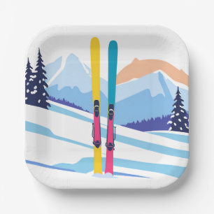 Ski Mountain Watercolor Winter Paper Plate