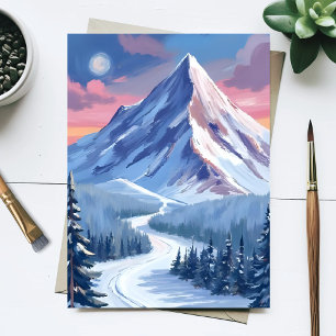 Ski Mountain Winter Nature Landscape Painting Postcard