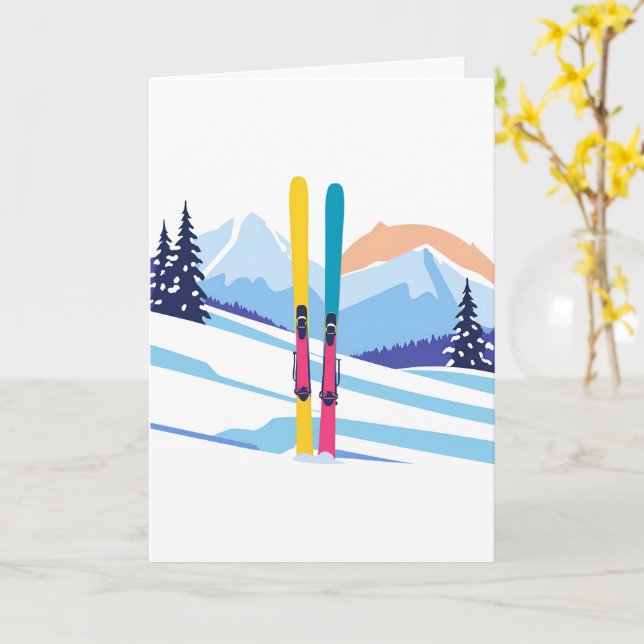 Ski Mountain Winter Watercolor Card (Yellow Flower)