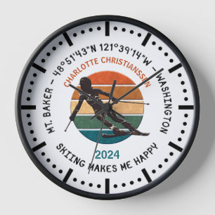 Ski Mt. Baker, Washington - Lady Skier, Black Text Clock